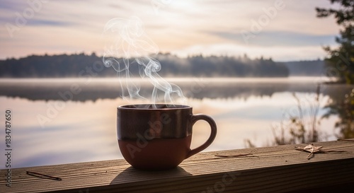 Steaming Coffee Mug on Deck Railing with Misty Lake and Forest at Sunrise or Sunset