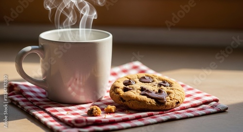 Steaming Hot Coffee or Tea in White Mug with Chocolate Chip Cookie on Gingham Tablecloth