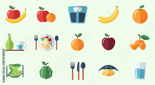 Colorful Assortment of Fresh Fruits and Healthy Food Icons.