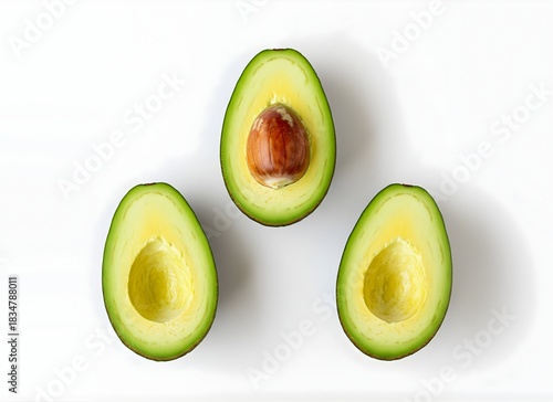Flat Lay of Three Avocados in Symmetrical Composition on White
