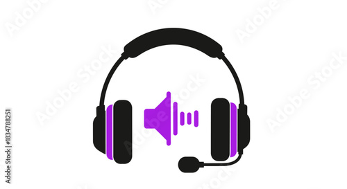 Black and purple gaming headset with a microphone and a central sound wave icon.