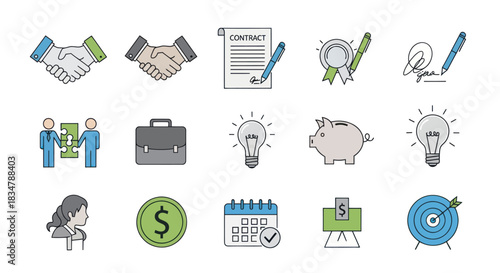 Business and Finance Icon Set: Handshake Contract Lightbulb Piggy Bank Calendar and More.