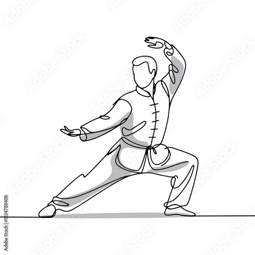 One continuous line illustration of an karate man , isolated on white background.