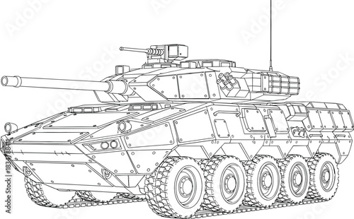Line art drawing of a modern wheeled armored fighting vehicle