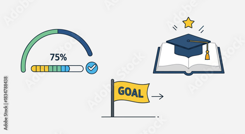 Progress Bar Graduation Cap on Open Book and Goal Flag Illustration.