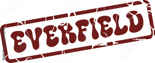 Distressed rectangular rubber stamp featuring the bold word EVERFIELD in a stylized typeface
