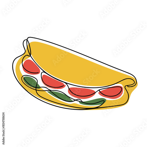 One continuous line illustration of an Quesadilla , isolated on white background.