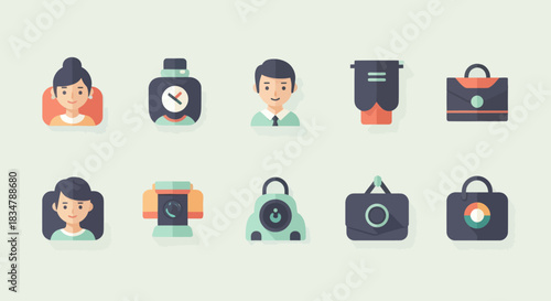 Collection of Flat Design Icons Representing Photography and Office Equipment.