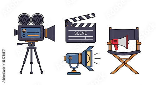 Set of Film Production Equipment Icons: Camera Clapperboard Spotlight Directors Chair.