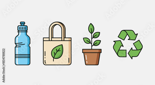 Eco-friendly icons: reusable bottle tote bag plant and recycling symbol.