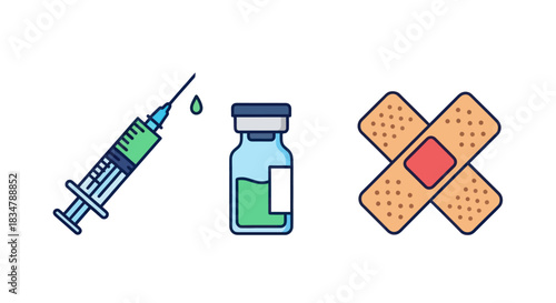 Medical Syringe Vial and Bandages Iconography.