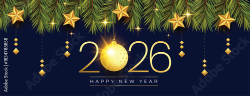 2026 new year bauble banner with xmas star and fir levees decoration