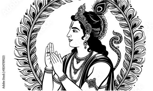 Lord Krishna in Namaste Pose Vector Outline, Hindu God Praying with Peacock Feather Frame, Detailed Black and White Indian Mythology Illustration.