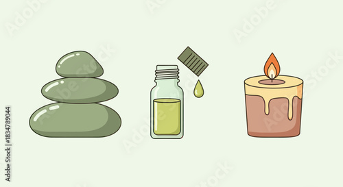 Spa and Wellness Icons: Zen Stones Essential Oil Bottle Burning Candle.