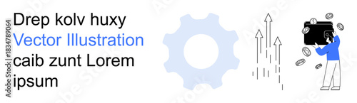 Business development, economics, financial planning, investment growth, entrepreneurship, productivity. A gear, upward arrows person with a briefcase and coins. Business development and economics