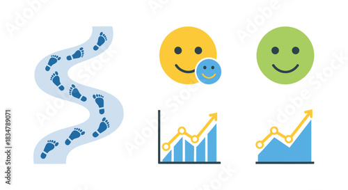 Progress tracking icons with footprints happy faces and upward trend graphs.