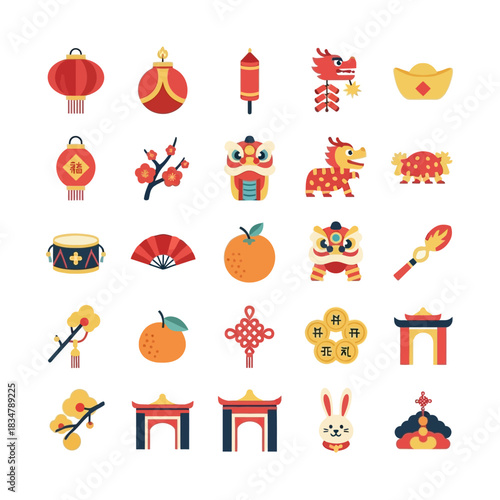 Colorful Chinese New Year Icon Set – Lanterns, Dragon Dance, Lucky Charms, Traditional Symbols, Festive Vector Pack for Holiday Design