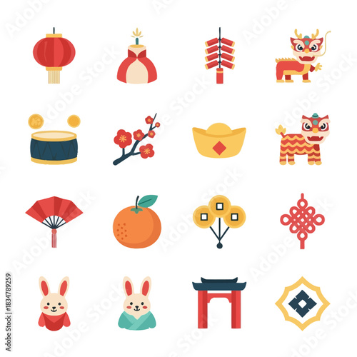 Chinese New Year Icon Set – Lantern, Lion Dance, Firecrackers, Lucky Symbols, Festival Elements, Cultural Vector Pack