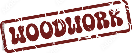 Authentic distressed brown WOODWORK text in a grunge rubber stamp for artisan trades certification