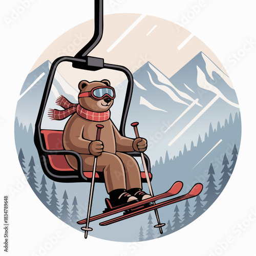 ski lift bear with red scarf and goggles gliding above snowy peaks in a pine-lined winter escape
