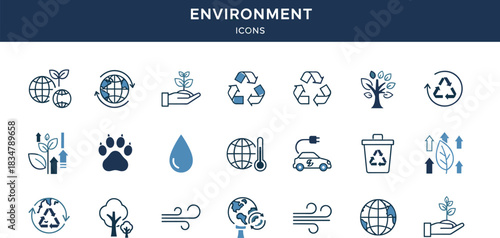 Environment icons, eco-friendly symbols, sustainability vector, green energy illustration, recycling graphics, climate awareness, flat vector illustration