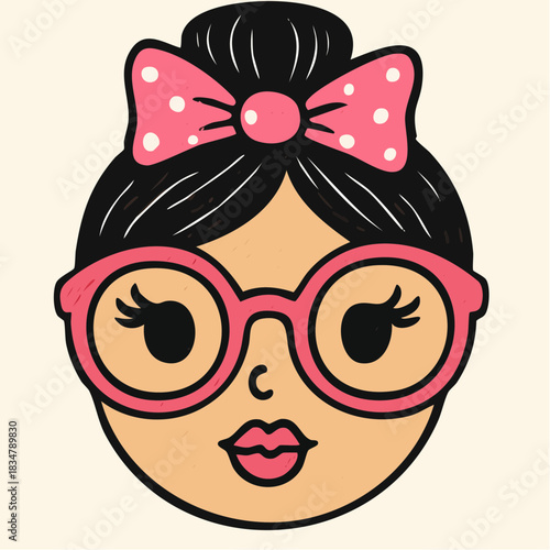 bold bow and bubblegum charm on a wide-eyed girl with glossy glasses and stylized bun