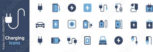 Charging icons, electric plug symbols, battery indicators, power cable vector, mobile charge illustration, EV charging, flat vector illustration