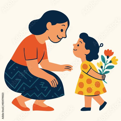 hidden bouquet surprise from polka-dot child to smiling adult in patterned skirt and warm embrace