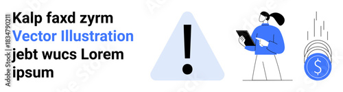 Business planning, finance, alerts, notifications, data analysis, productivity. Professional analyzing data on a tablet with icons coins and alert signs. Business planning and financial alerts focus