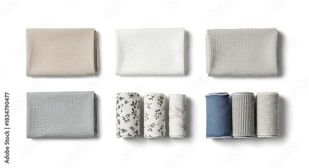 Obraz premium Folded textiles and rolled fabrics displayed on white backdrop