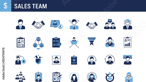 Sales team icons set, flat vector illustration of business professionals, teamwork, communication, strategy, customer service, and performance tools