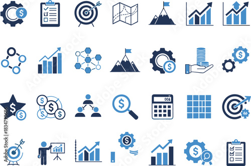 Business and finance icons set, flat vector illustration of strategy, planning, growth, analysis, teamwork, and financial success