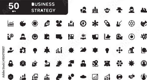 Collection of 50 business strategy icons including growth charts, teamwork, planning, and analysis for presentations and digital design