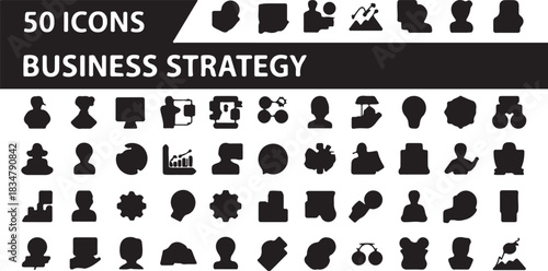 A comprehensive collection of fifty clean black and white silhouette icons representing essential business strategy and management concepts for modern enterprises