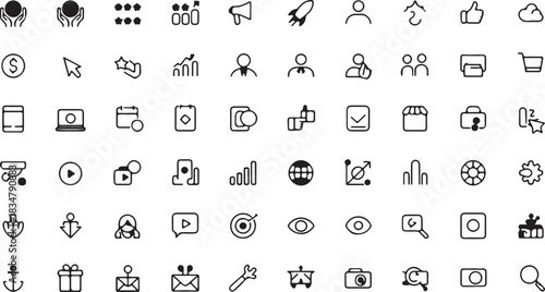 Diverse collection of essential line art icons for digital and print media, showcasing business, technology, and lifestyle themes