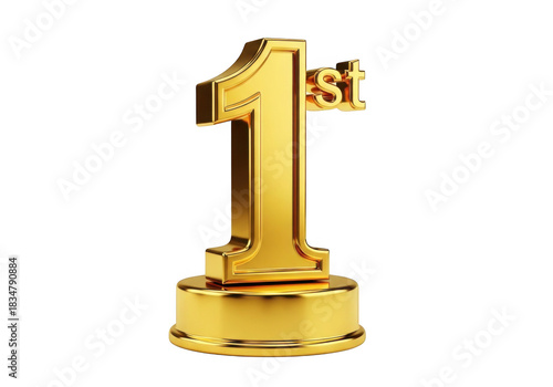 Golden first place trophy isolated on transparent background for achievement and success