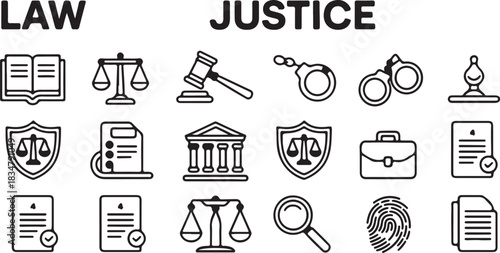 Collection of legal and judicial icons in a minimalist style, perfect for law firms and justice projects