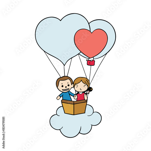 A sweet couple floats high in a colorful hot-air balloon, holding hands as they drift through soft clouds and bright blue skies, sharing love, adventure, and dreamy moments together.
