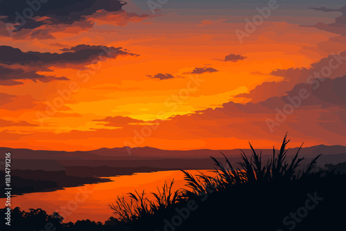 A vibrant sunset scene featuring a glowing orange and yellow sky reflecting on a calm river. Silhouetted grasses appear in the foreground, while distant hills and layered clouds create depth in the ba