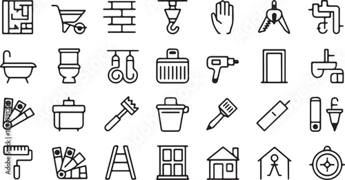 Black and white line art icons 36 essential symbols for construction, home improvement, and architecture, arranged in a clean grid layout