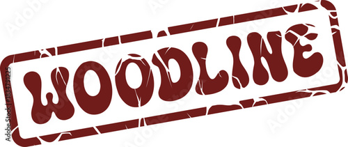 Vintage styled red brown WOODLINE text in a grunge rubber stamp for timber industry branding purposes