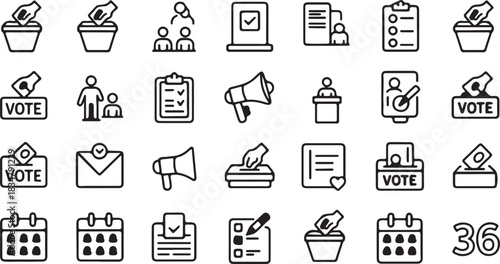 A comprehensive set of minimalist black line icons in a clean grid layout, representing election, voting, and political processes