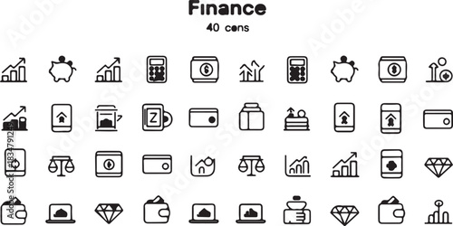 Essential collection of 40 minimalist line art icons in a clean grid layout, perfect for finance, business, banking, and investment design projects