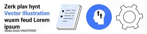 Stack of documents, human head with upward arrows, gear symbolizing ideas, progress, workflow. Ideal for innovation, strategy, team management, analytics planning problem-solving simple landing
