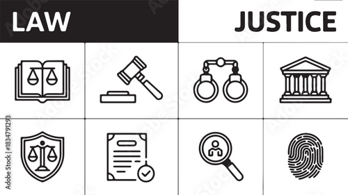 A collection of minimalist line art icons representing legal principles, court proceedings, crime investigation, and the justice system