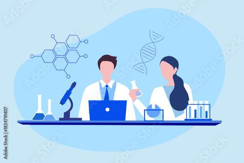 Professional scientists, doctors and chemical researchers working and analysis in laboratory experiment vector  Illustration. Medical laboratory, research experiment biology molecular concept.
