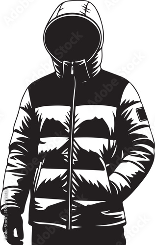 Quilted Puffer Jacket Vector Silhouette for Extreme Cold

Modern Hooded Down Jacket Illustration for Winter Sports

Black Puffy Coat Icon with Quilted Design and Zipper