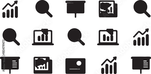 A Clean Grid Layout of Modern Business and Analytics Icons, Featuring Charts, Magnifying Glasses, and Presentations