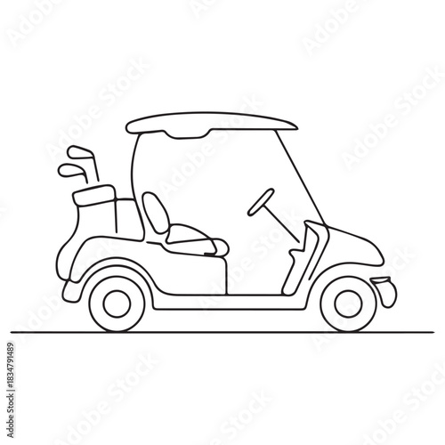 One continuous line illustration of an golf car, isolated on white background.