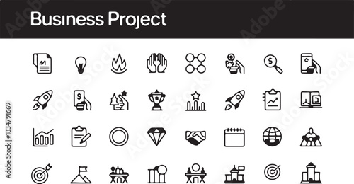 Business project icons set, including various business-related icons like strategy, growth, success, and finance, presented in a clean, modern line art style for diverse applications